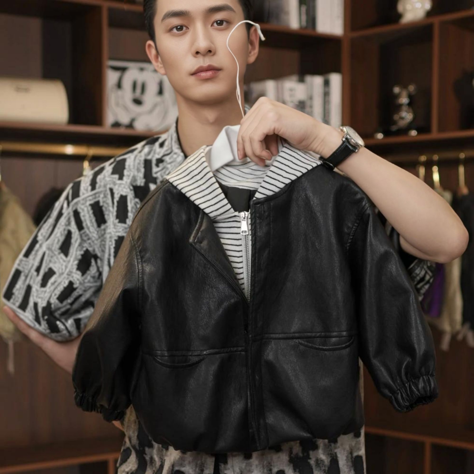 童装2025新款男女童秋季新款条纹假两件皮衣洋气时尚百搭外套