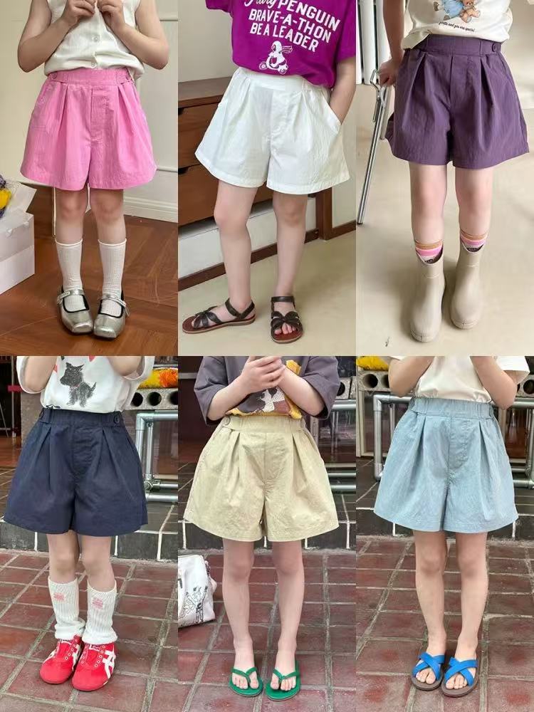 【薄凉快】儿童韩版休闲宽松热裤女童纯色压褶两粒扣短裤25C062