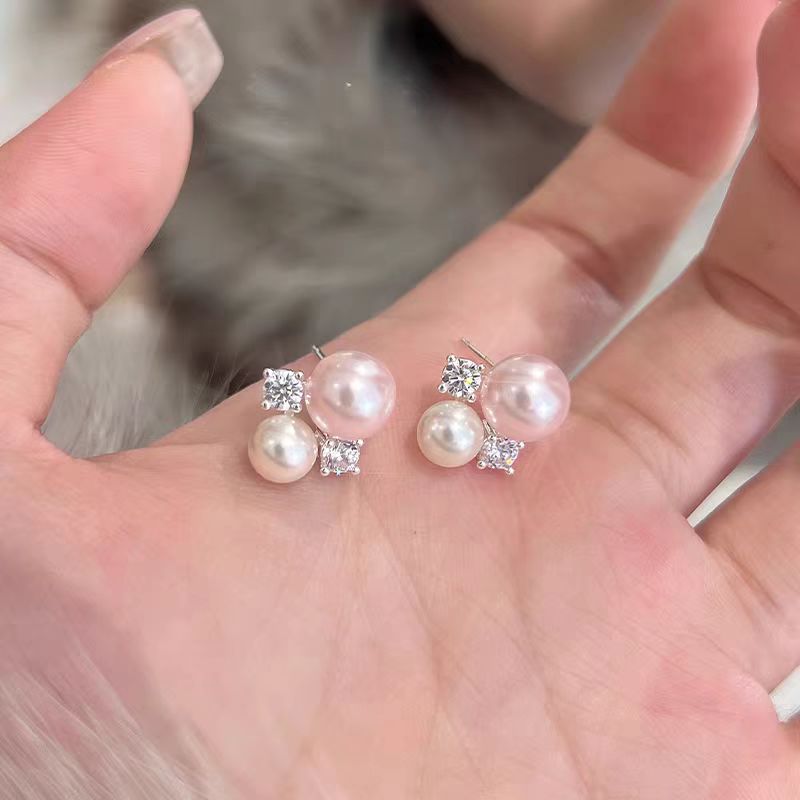 法式温柔粉色珠珠锆石耳钉女轻奢小众高级感气质耳环独特设计耳饰