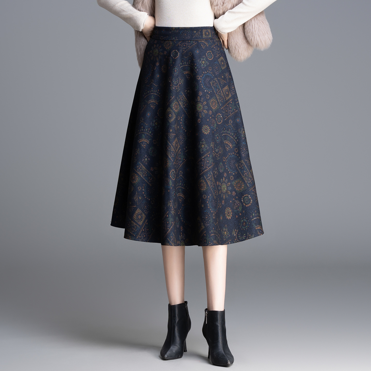 2025秋冬新款a字裙女中长款印花半身裙高腰显瘦气质伞裙休闲裙子