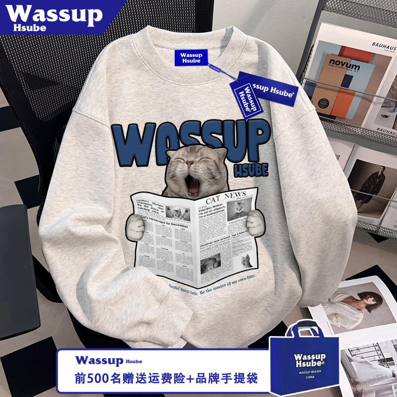 WASSUP HSUBE秋季T恤时尚犯困小猫印花白灰色纯棉长袖ins男女上衣
