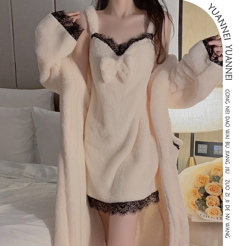 冬季珊瑚绒睡裙性感睡衣女保暖吊带睡裙睡袍套装纯欲加绒加厚浴袍