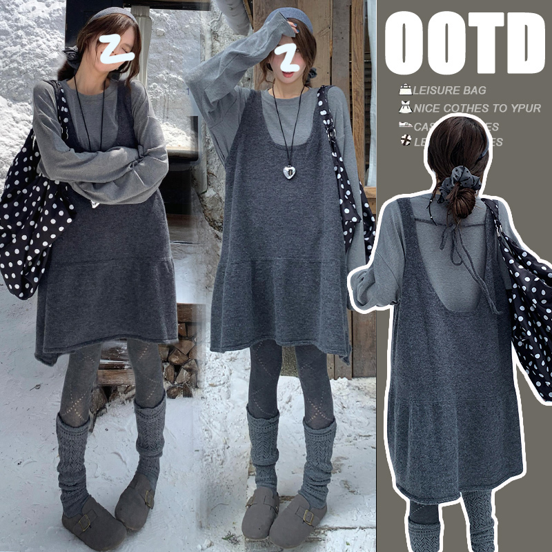 时尚宽松孕妇大码套装秋冬长袖圆领宽松型T恤套头长袖+背心针织裙