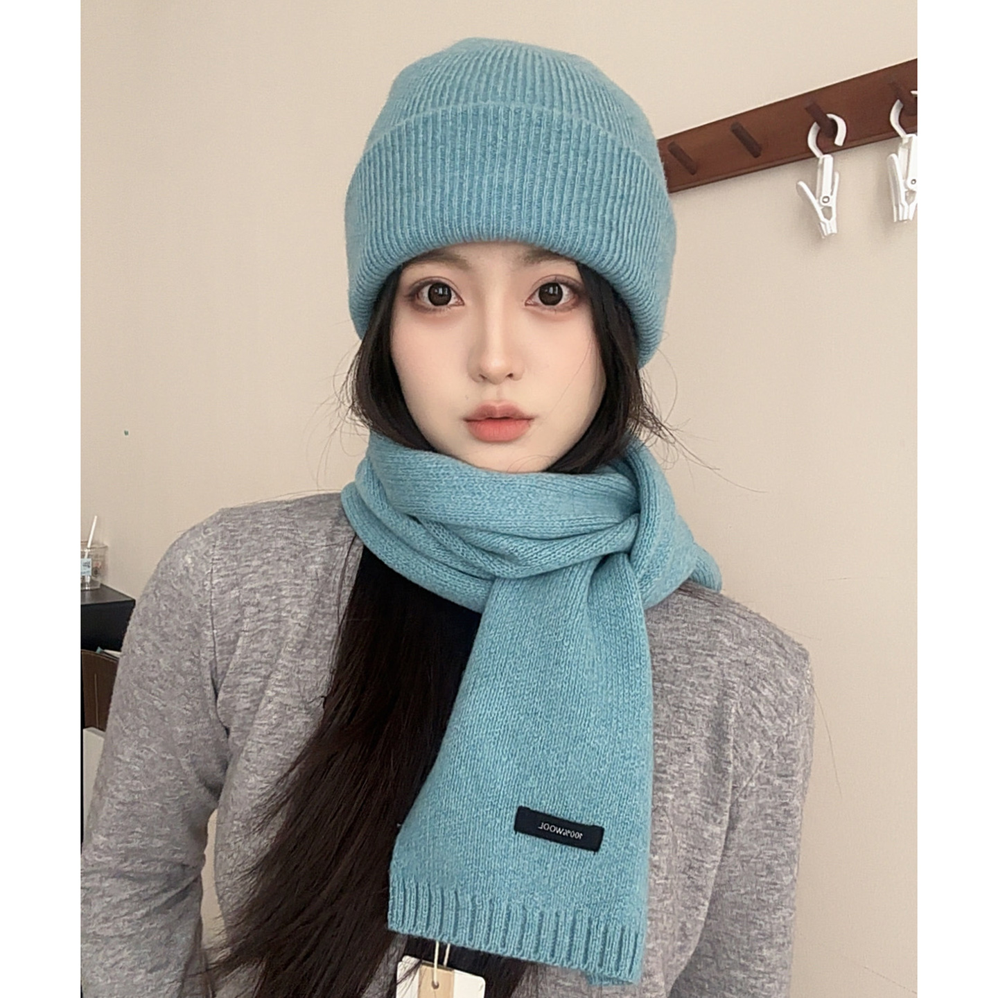 冬季氛围感蓝色系100％纯羊毛针织帽围巾两件套保暖骑行套装百搭