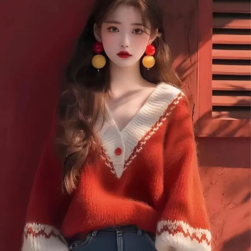 秋冬新款慵懒风高级感复古圣诞毛衣软糯灯笼袖领红色针织上衣女