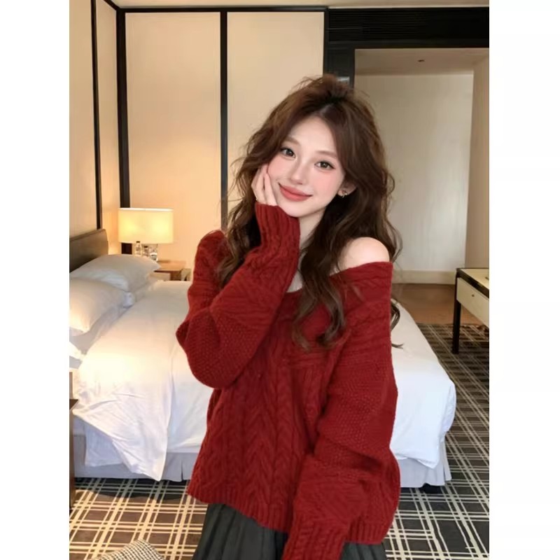法式温柔慵懒风毛衣女2025秋冬新款宽松显瘦新年红色长袖针织上衣