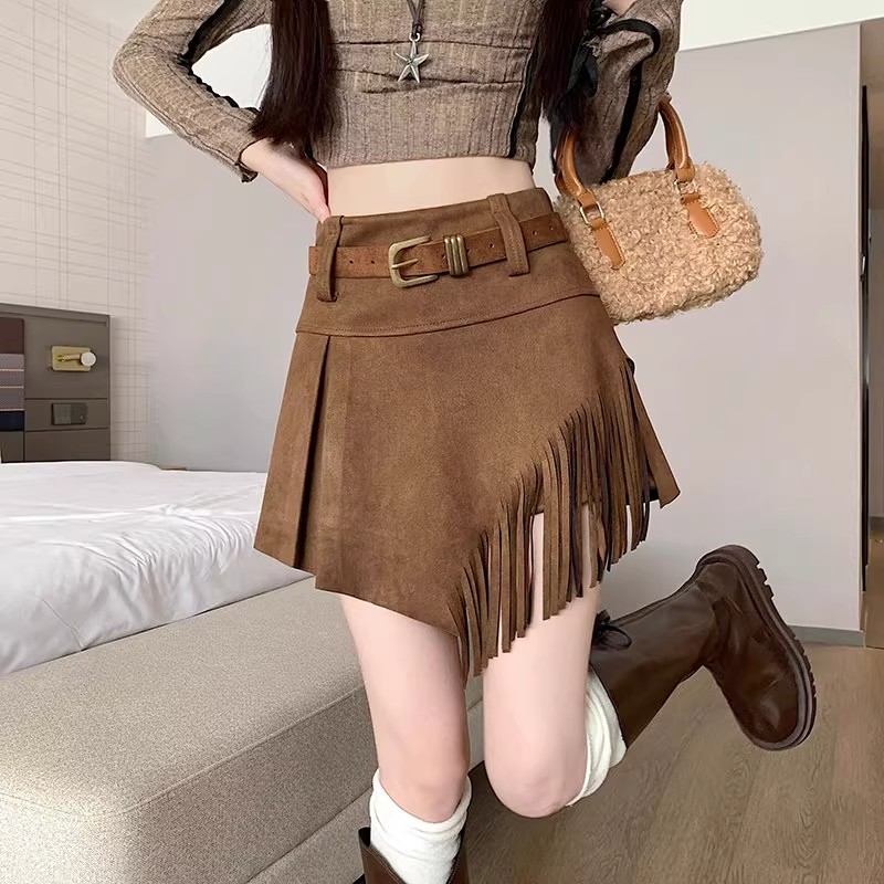 复古鹿皮绒不规则流苏包臀短裙子女秋冬高腰显瘦防走光a字半身裙