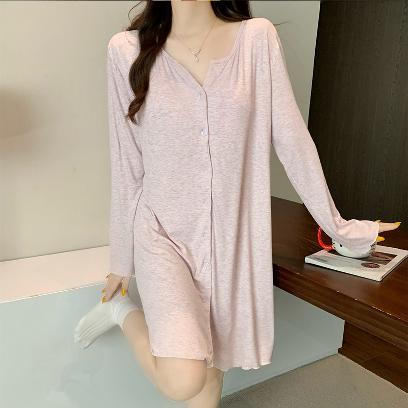 睡裙女款春秋冬季长袖莫代尔时尚气质性感风纯色带胸垫家居服睡衣