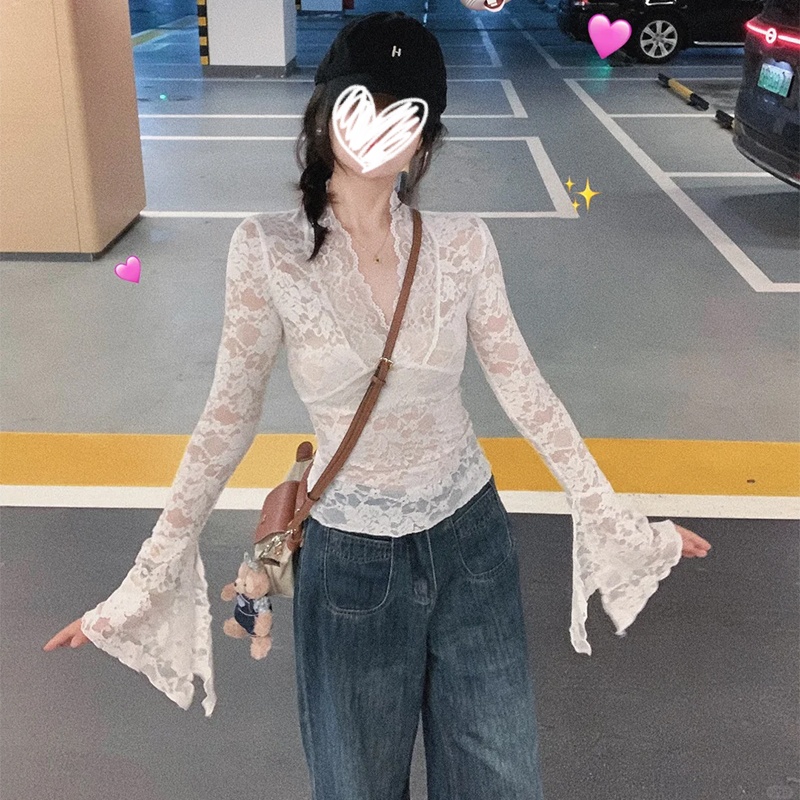 梦优莱网红炸街高级感蕾丝长袖T恤早秋修身显瘦独特漂亮上衣女装