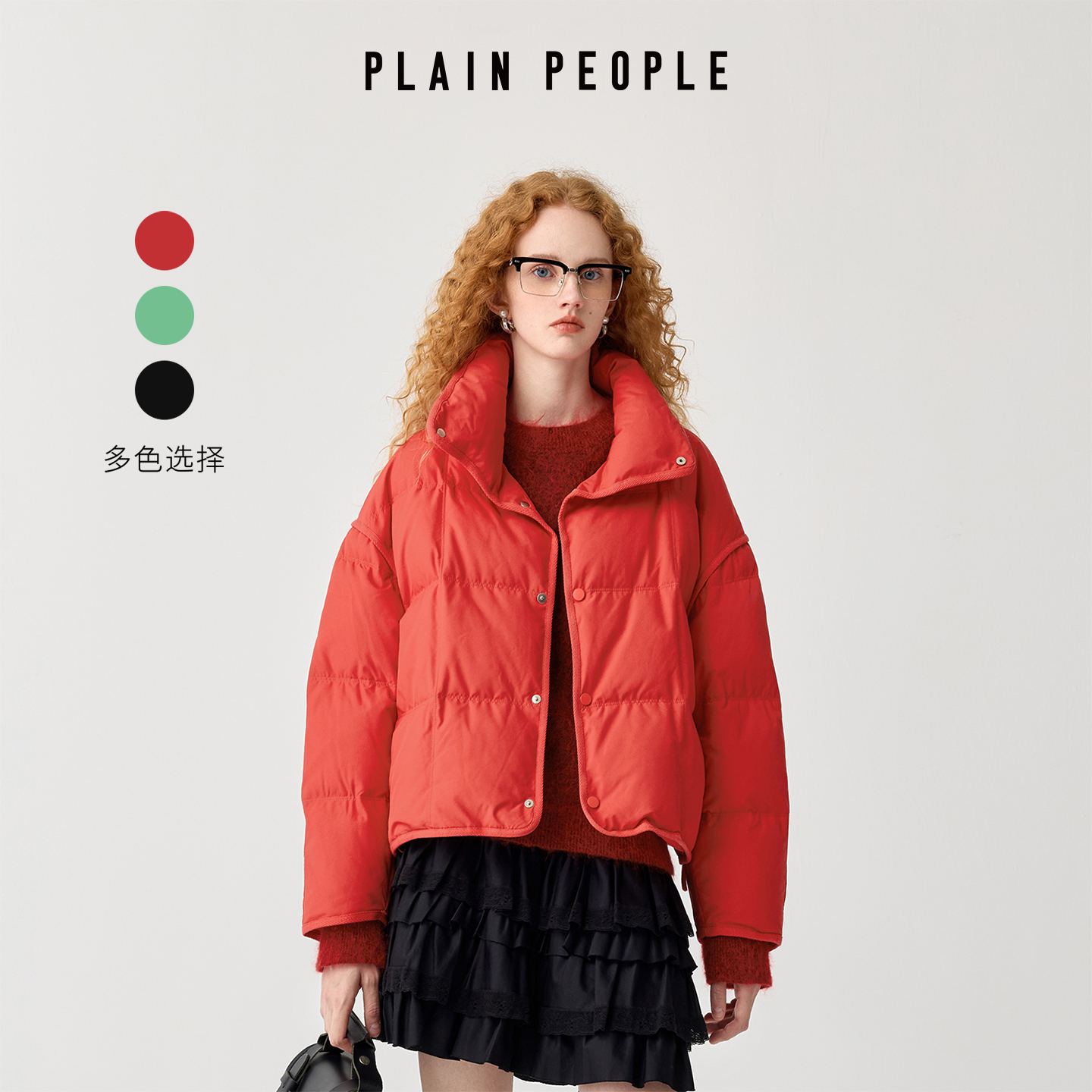 PLAIN PEOPLE安可拉红高领吐司面包鸭绒短外套羽绒服2025冬季新款