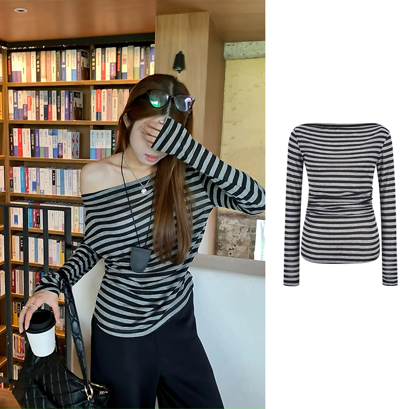 2025韩版夏季新款条纹撞色一字肩防晒T恤薄款别致显瘦上衣