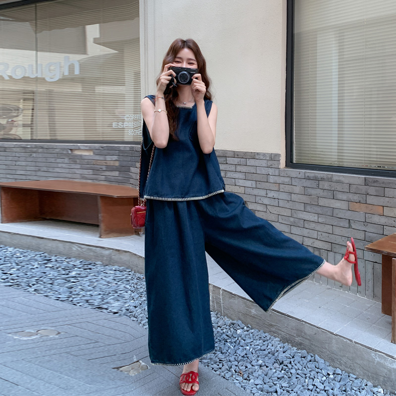 复古港风薄款牛仔背心阔腿裙裤2025夏季新款盐系甜酷风松弛感套装