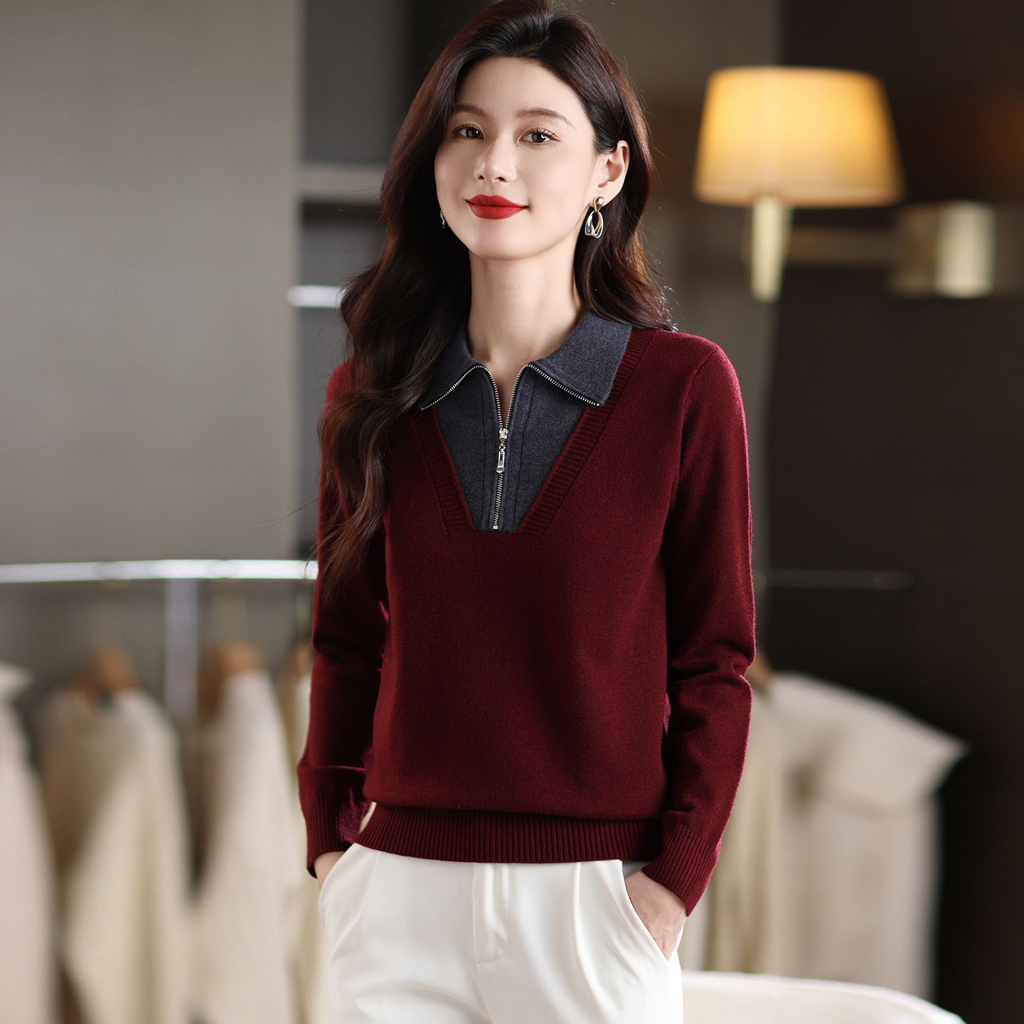 哥弟阿玛施正假两件上衣女洋气翻领针织衫秋冬2025新羊毛打底毛衣