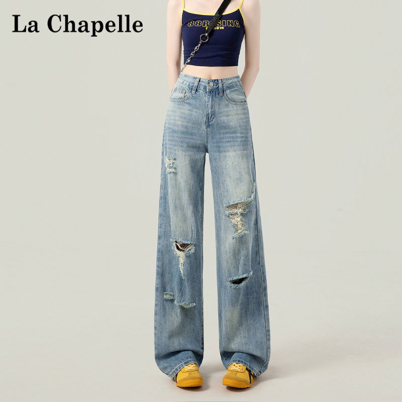 拉夏贝尔破洞牛仔裤女款爆款2025新款秋季高腰小个子窄版直筒裤子