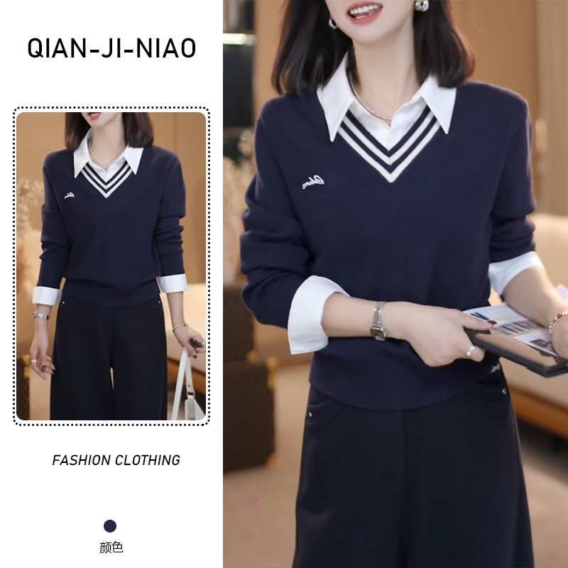 学院风拼接款长袖保暖翻领毛衣设计感气质时尚撞色秋季女装针织衫
