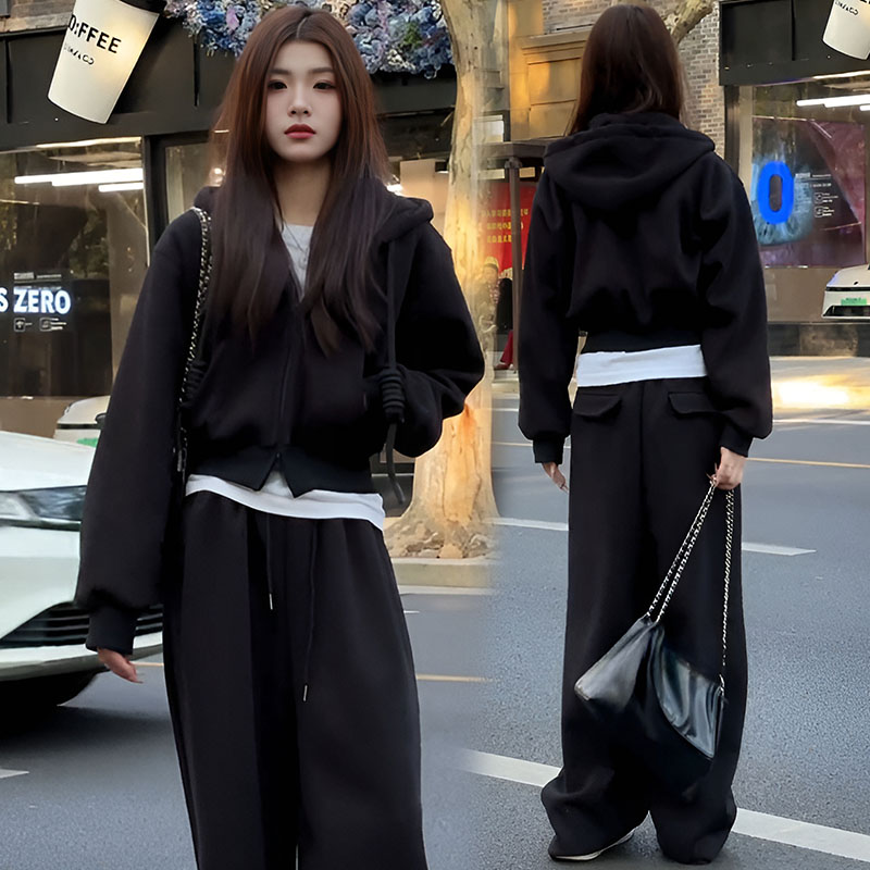 韩系穿搭一整套女春秋开衫连帽卫衣外套搭配高腰长款休闲裤两件套
