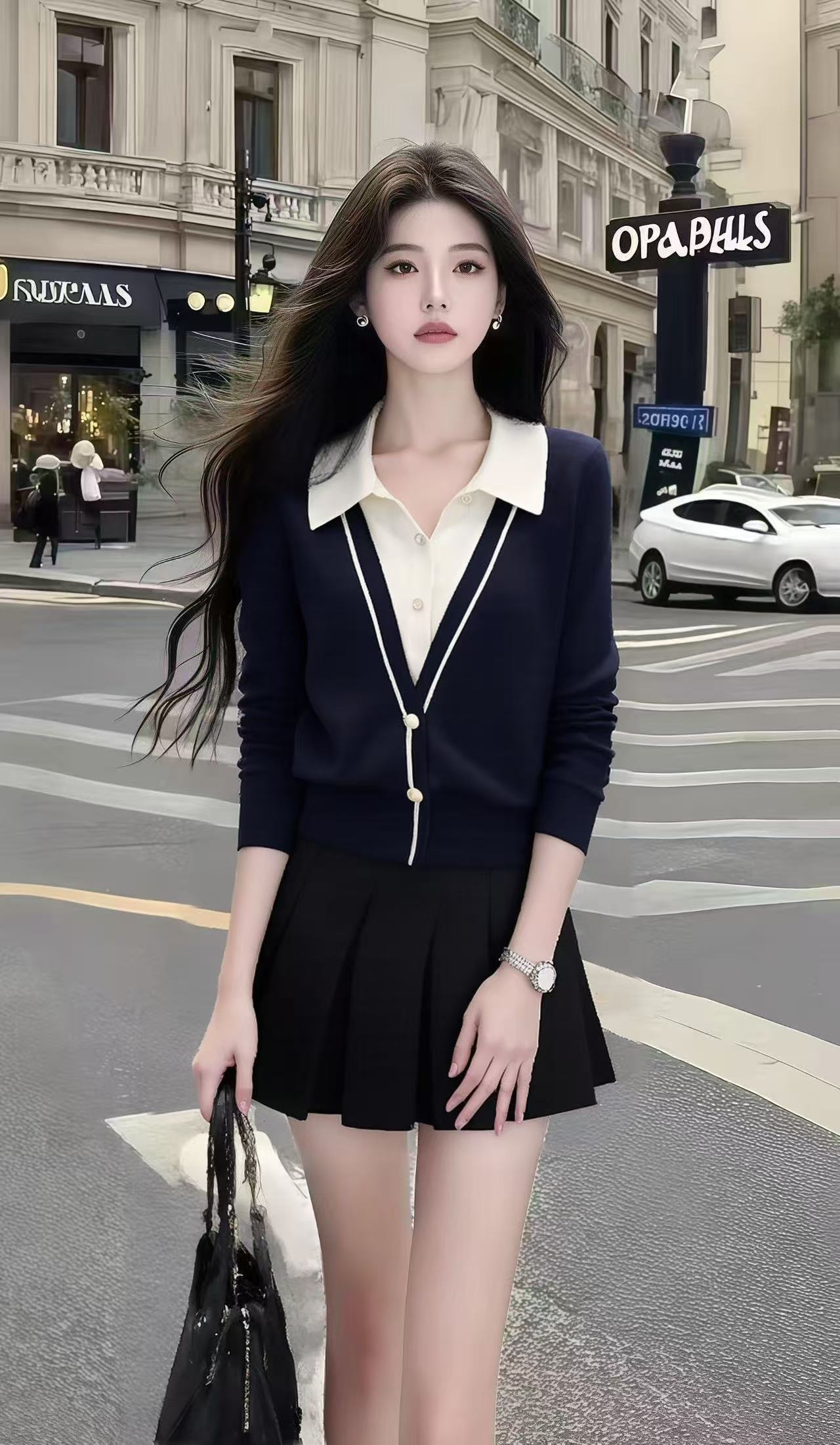 秋季新款气质老钱风假两件针织长袖翻领上衣+黑色百搭半身裙套装