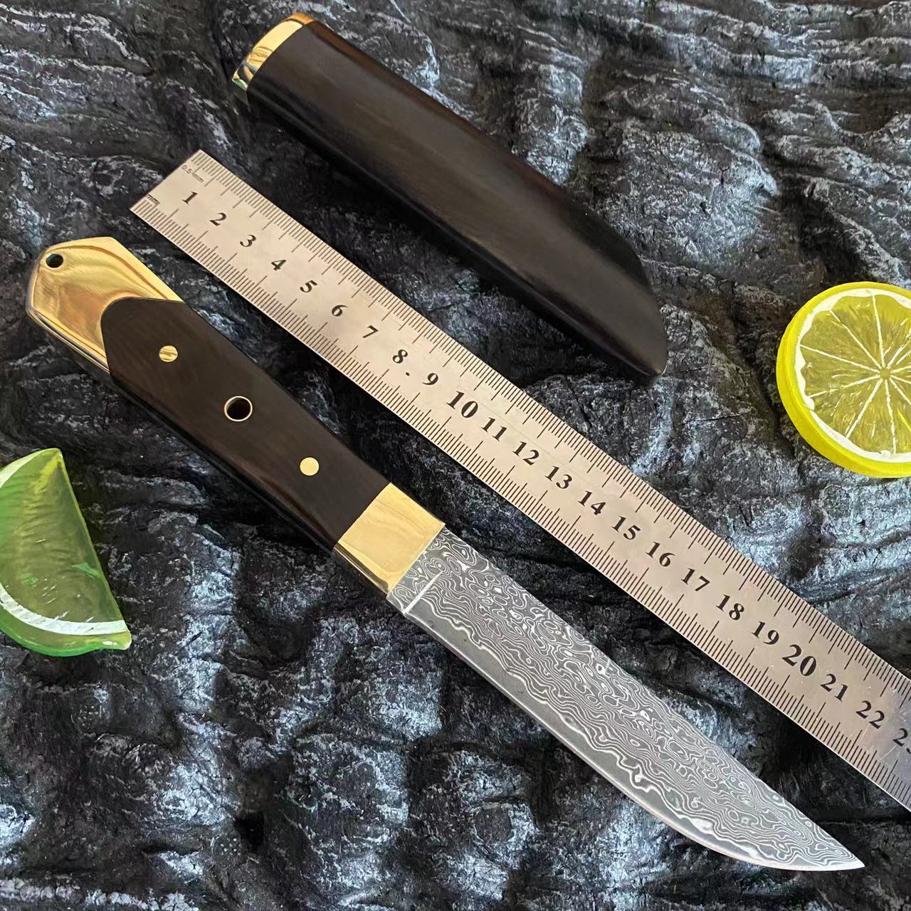 （新疆包邮）铜忍武士大马水果刀手工网红锋利露营木鞘高颜值吃肉刀