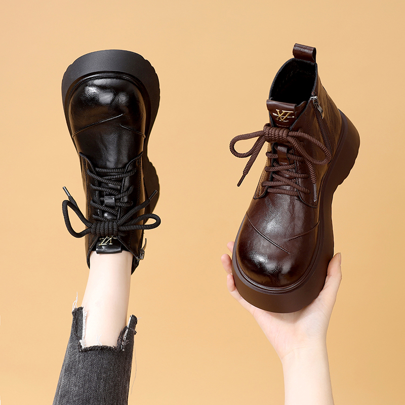 厚款交叉绑带拉链秋季秋冬马丁靴加绒圆头粗跟女鞋厚底百搭小短靴