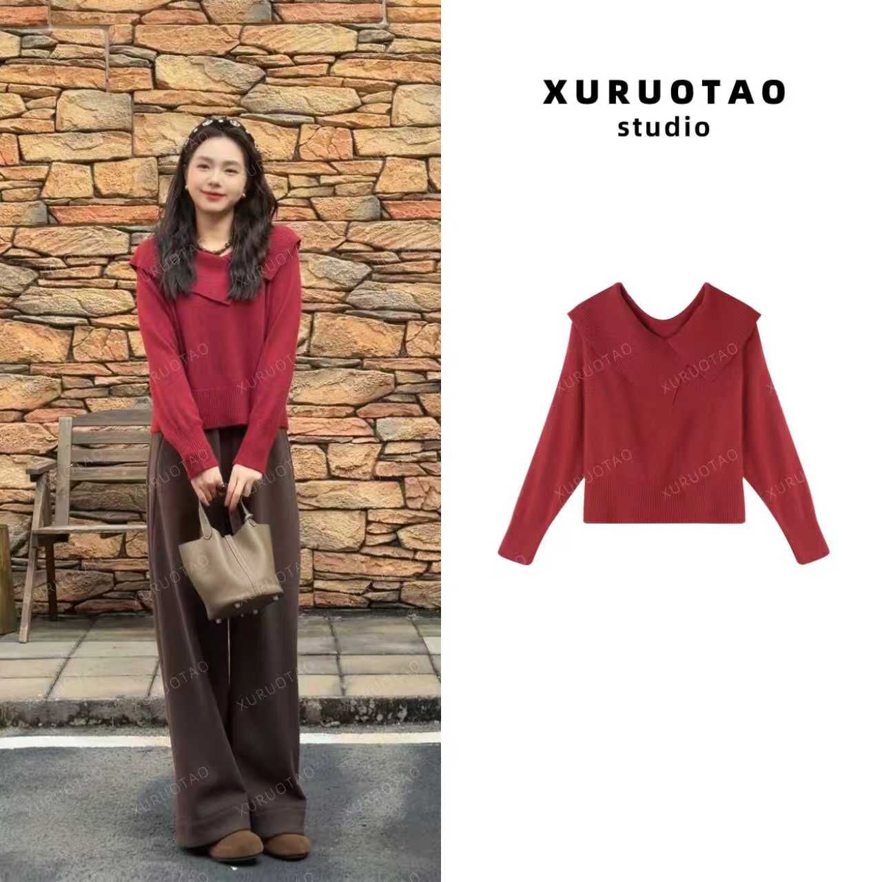 XURUOTAO【拉裴尔】绵羊毛兔毛混纺大翻领针织设计两色上衣 T5900