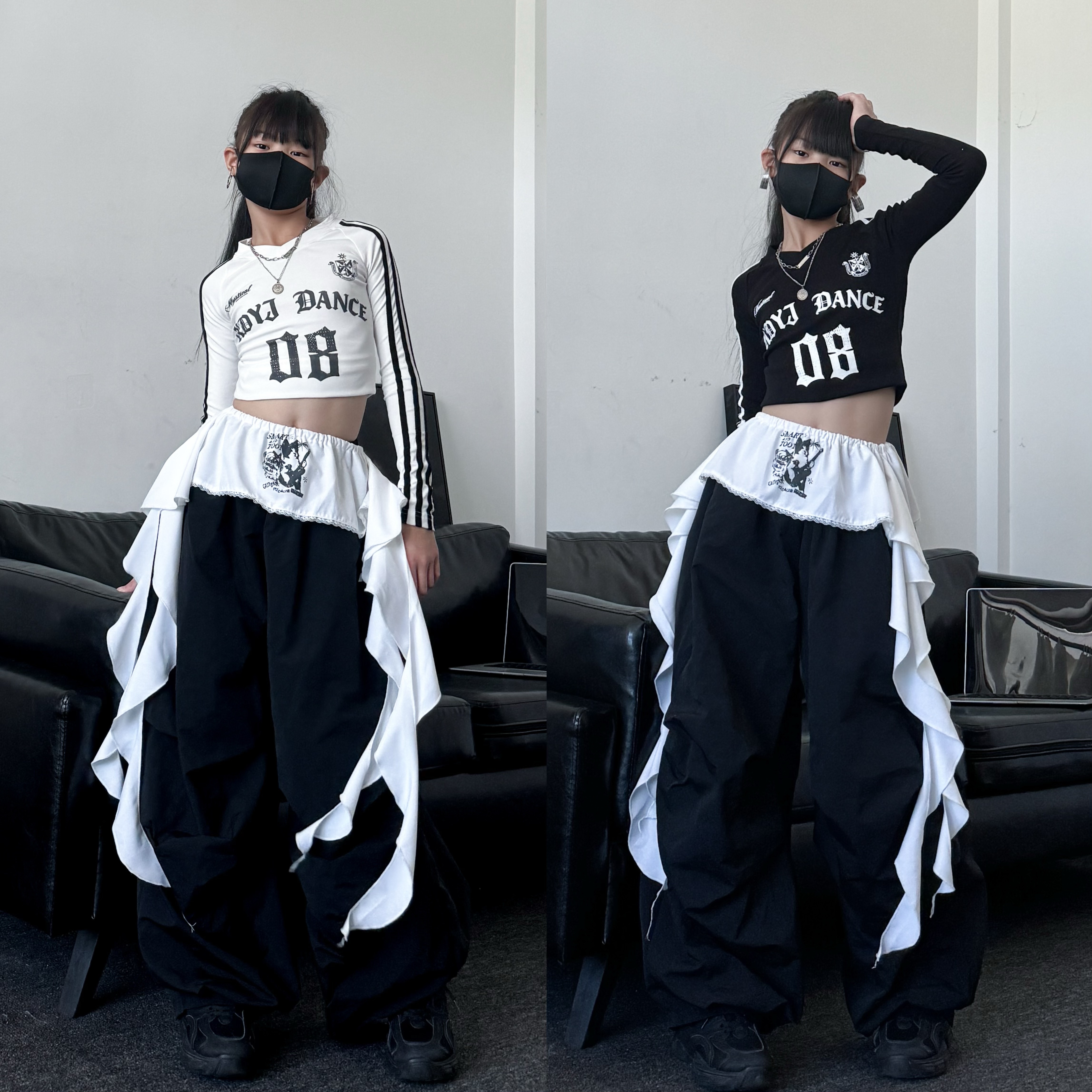 秋季新款童装潮酷女童学院风长袖T飘带腰封伞兵裤舞蹈演出服套装