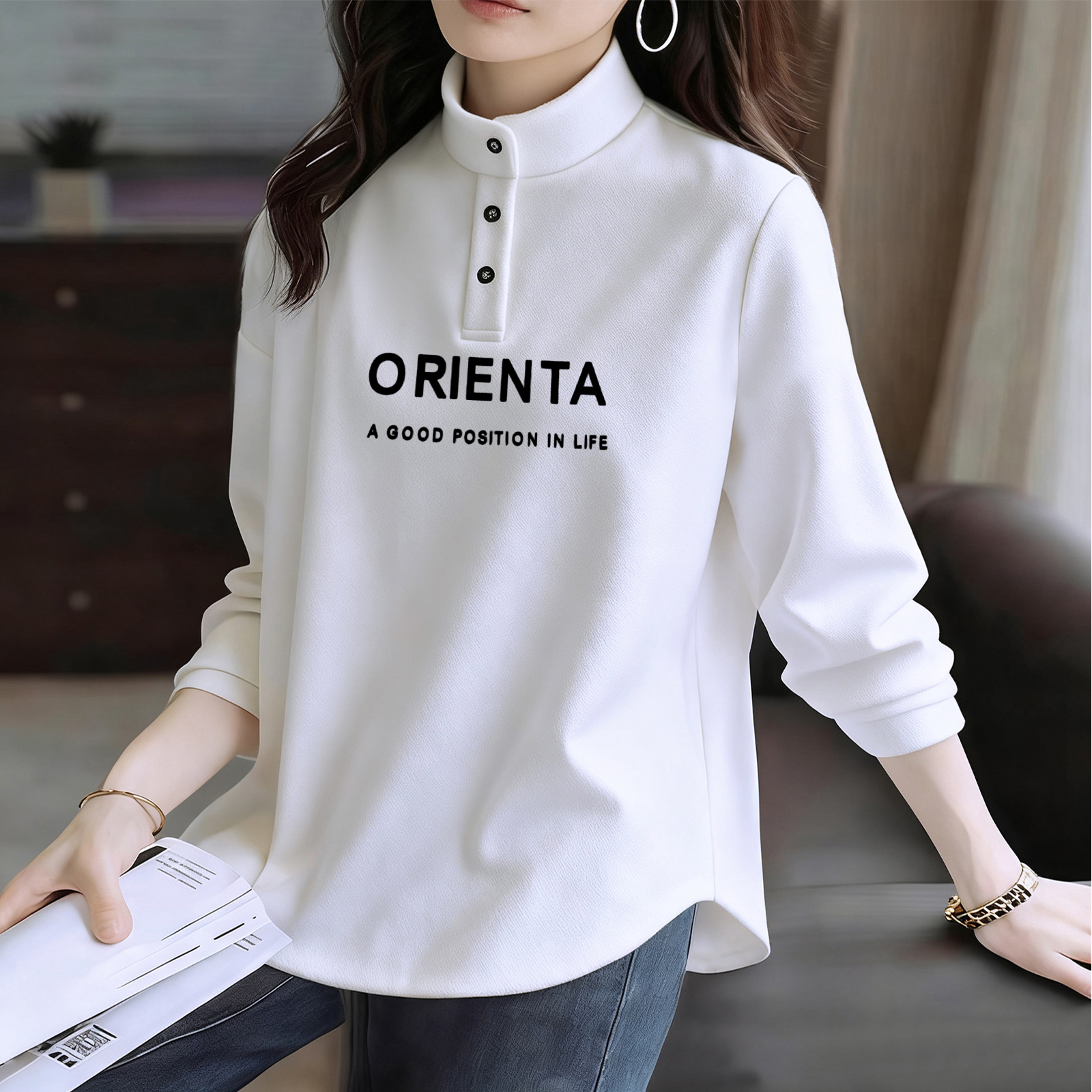 德绒半高领POLO衫女秋冬季加厚休闲大码宽松显瘦内搭立领打底上衣