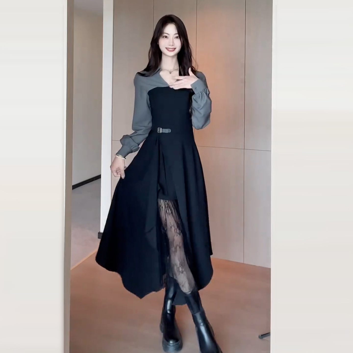 黑色假两件衬衫不规则蕾丝连衣裙子女2025新款早秋季流行风格长裙