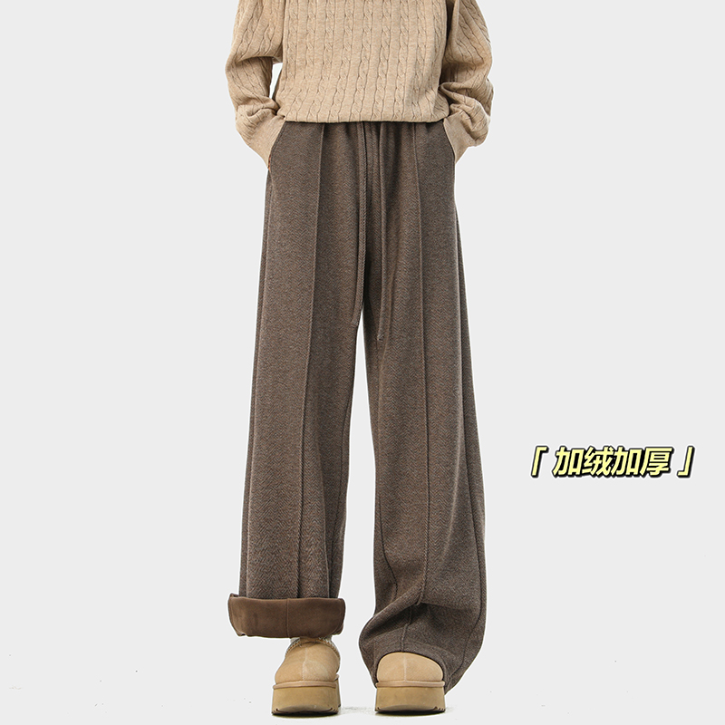 美式重磅加绒加厚人字纹休闲裤男冬季潮牌压褶设计感直筒长裤