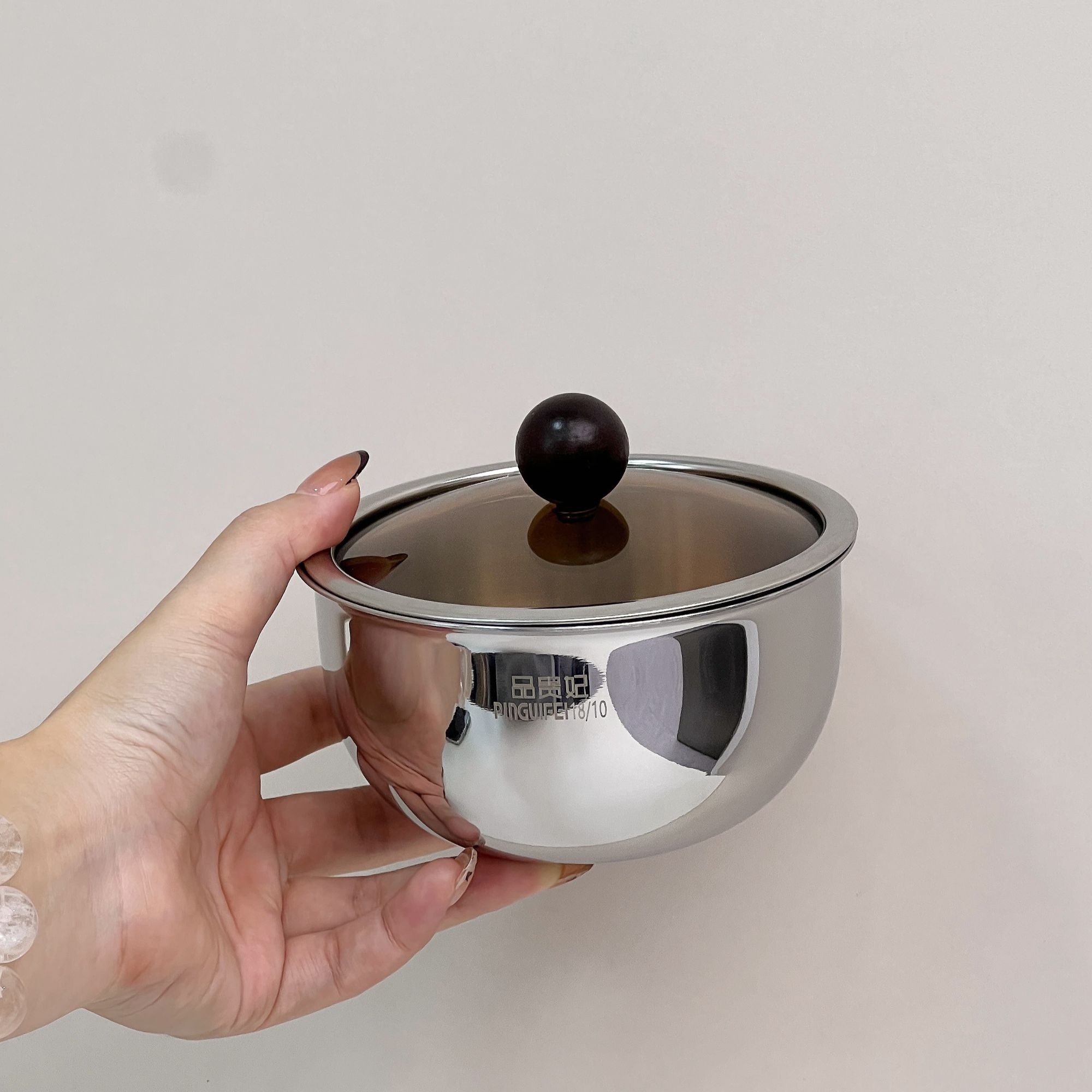 18/10不锈钢蒸蛋碗中式炖盅实木柄带盖家用隔水炖蒸鸡蛋羹专用碗