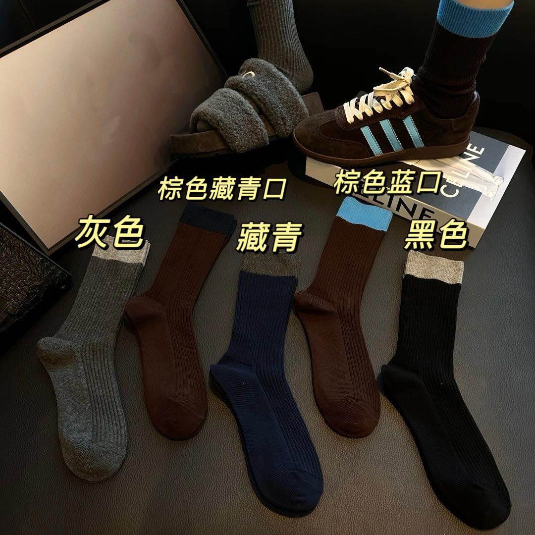 拍一发五秋冬复古袜女中筒袜ins潮春秋季纯棉日系撞色双针堆堆袜