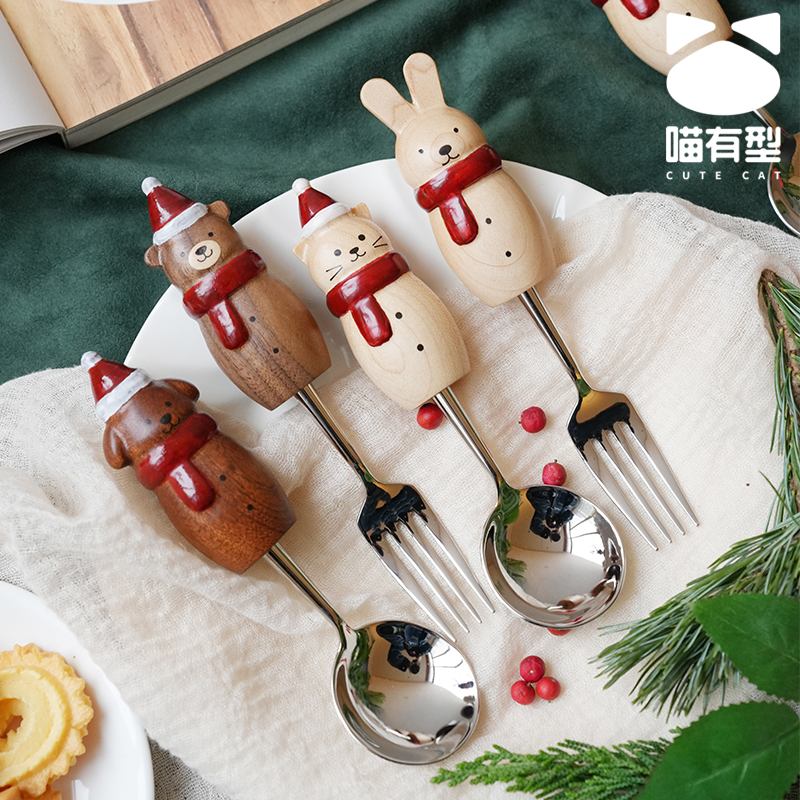 喵有型圣诞礼物可爱动物勺子叉子餐具猫狗兔熊高颜值汤勺甜品叉