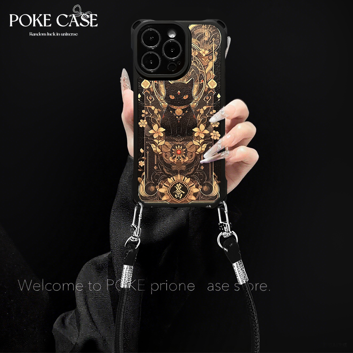 四角挂绳皮纹招财猫适用华为红米苹果vivo小米oppo手绳壳