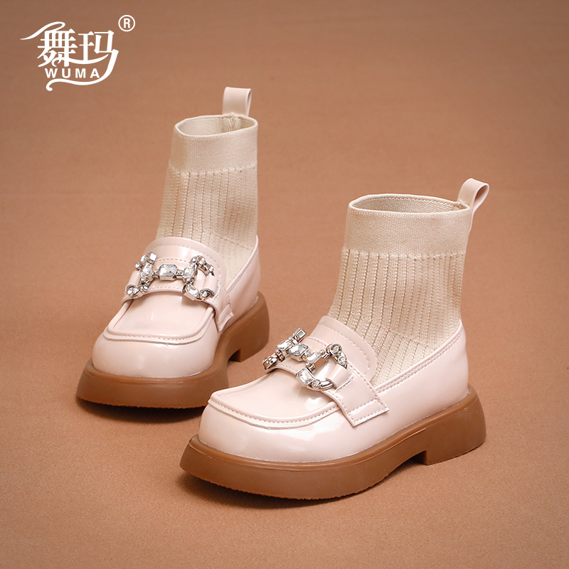 舞玛2025秋冬新款公主女童袜靴短靴圆头针织低筒软底女孩548602