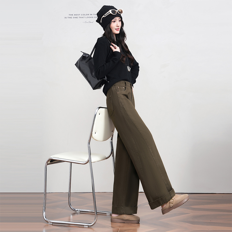 秋季新款大码高腰显瘦遮胯美拉德风格直筒弯刀阔腿老爹牛仔裤女宽