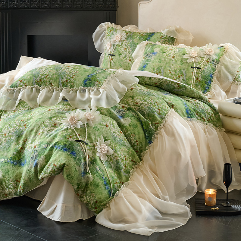 皇后娘娘  莫奈绿法式公主风全棉水洗棉四件套立体花卉荷叶边被套