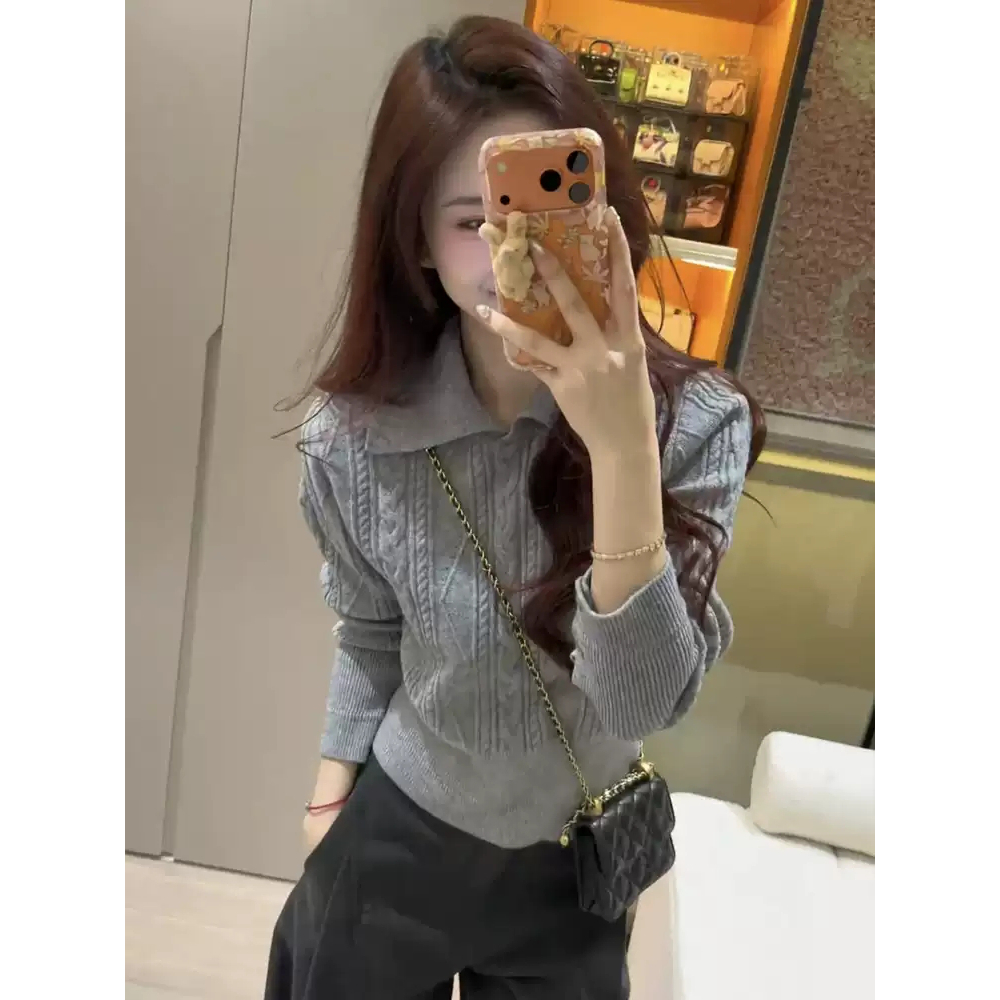 法式polo翻领套头麻花打底毛衣女秋冬季慵懒风收腰内搭针织衫上衣