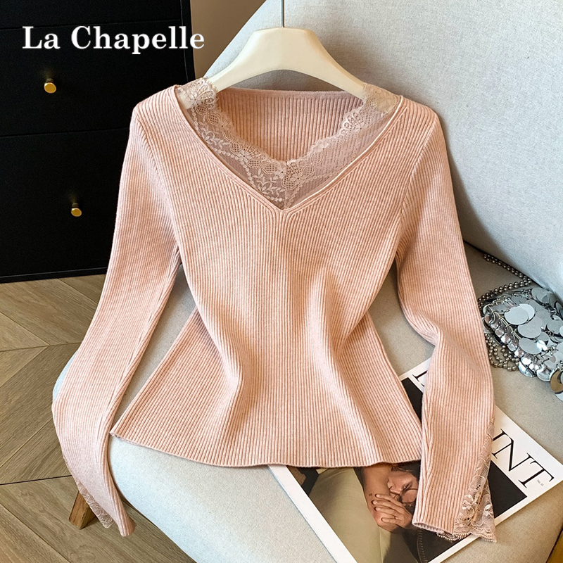 拉夏贝尔蕾丝v领针织衫女开衫毛衣春秋季独特别致短款上衣打底衫