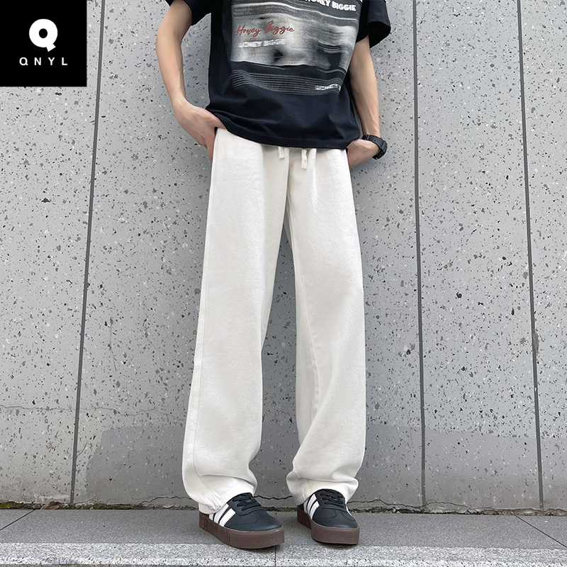 QNYL潮牌纯棉白色裤子男款宽松大码垂感牛仔裤男生直筒裤百搭潮胖