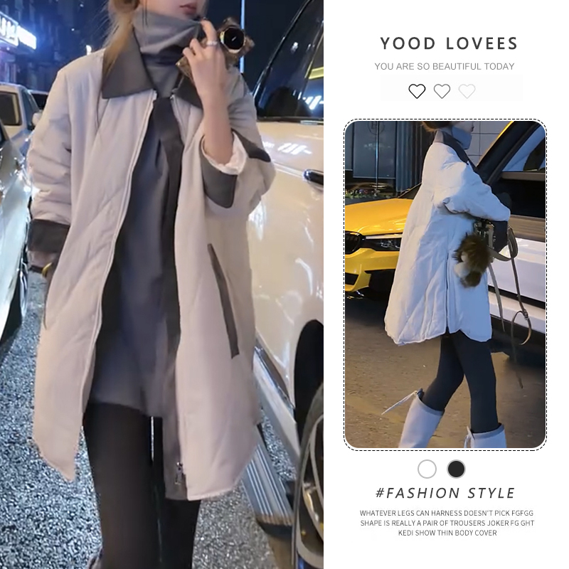 设计感拼接撞色翻领长袖中长款棉服女2025冬季菱形格夹棉保暖外套