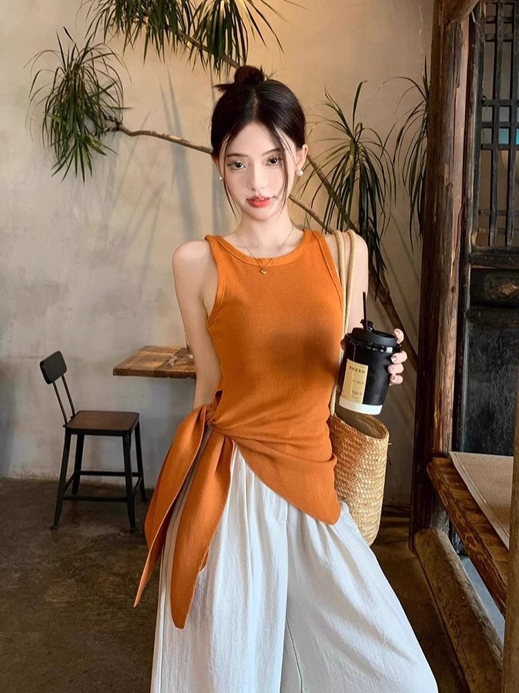 【现货】橘色冰丝针织吊带背心女夏季独特漂亮不规则收腰绑带上衣