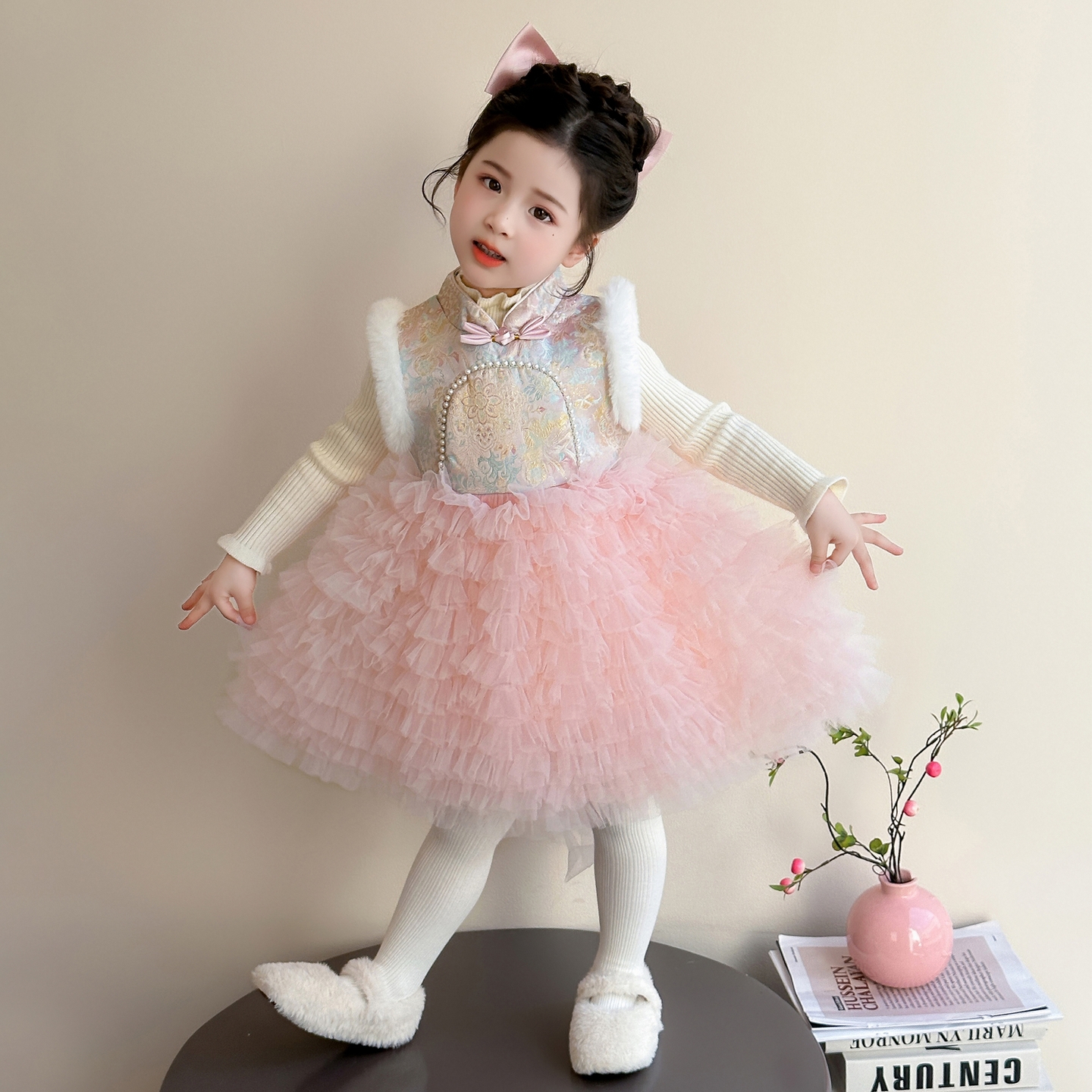 女童洋气加绒公主裙秋冬季女宝宝网纱礼服裙冬款儿童旗袍背心套装