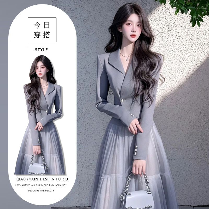 欧货两件套时尚套装2025春秋新款设计感别致西装外套+网纱半身裙