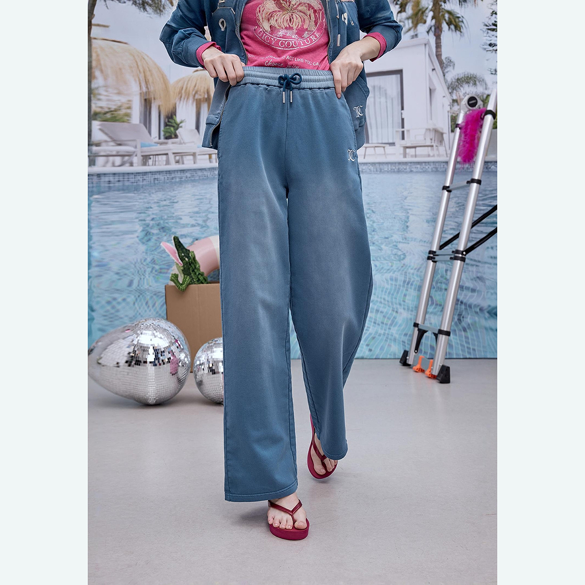 Juicy Couture橘滋【新品首发】水洗牛仔针织宽松直筒休闲裤长裤女