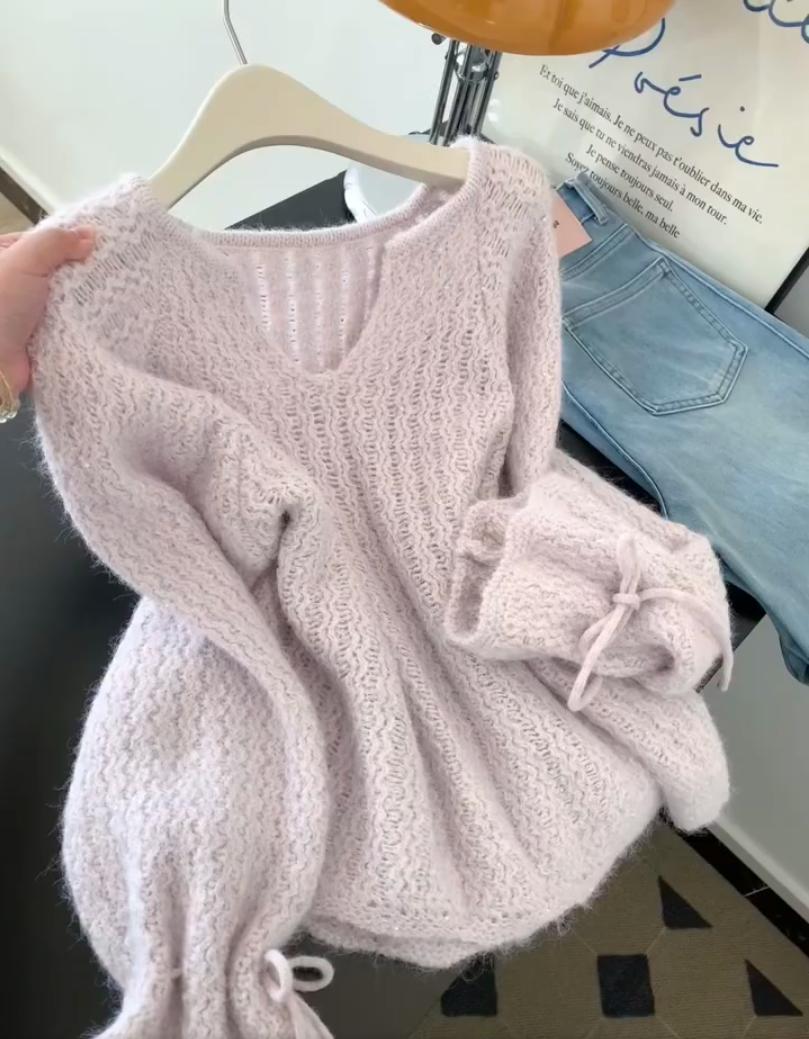 韩系慵懒风宽松蝴蝶结毛衣女2025秋冬新款氛围感气质内搭针织上衣