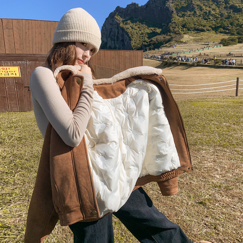 2025冬季新款美拉德白鸭绒内胆韩系麂皮绒外套女休闲短款加厚夹克