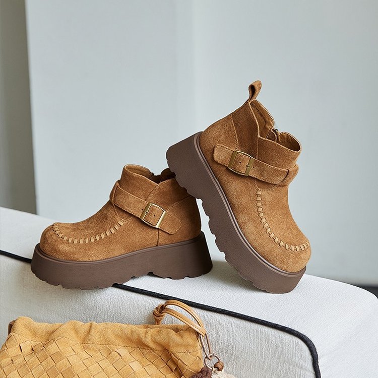 秋冬新款松果编织厚底马丁靴女绒面平4043黑色皮靴