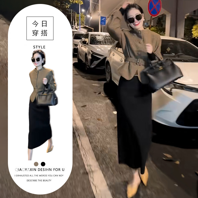 冷淡系独特别致套装女秋冬季轻奢气质收腰外套后开叉半身裙两件套