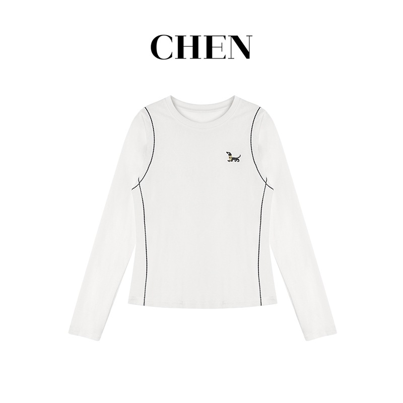 【刺绣小狗】2025早秋新款胸口刺绣小狗圆领长袖T恤上衣LK2506298