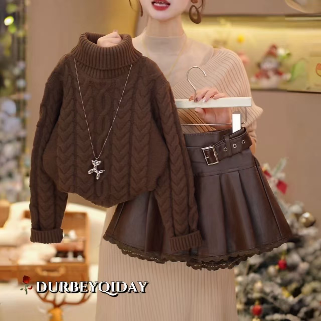 女童红色中高领毛衣皮短裙套装冬装2025新款新年甜酷风上衣半身裙
