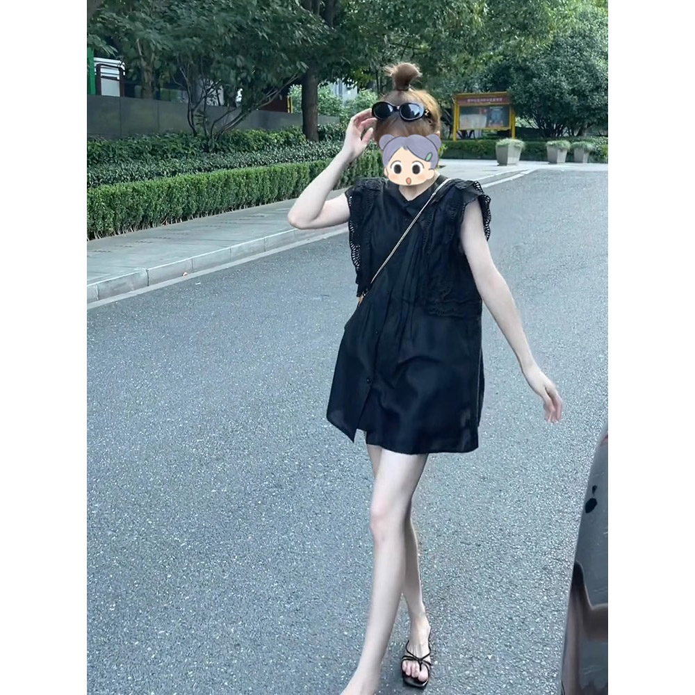 2025新款小个子独特高级感简单大方得体木耳边黑色连衣裙子女夏季